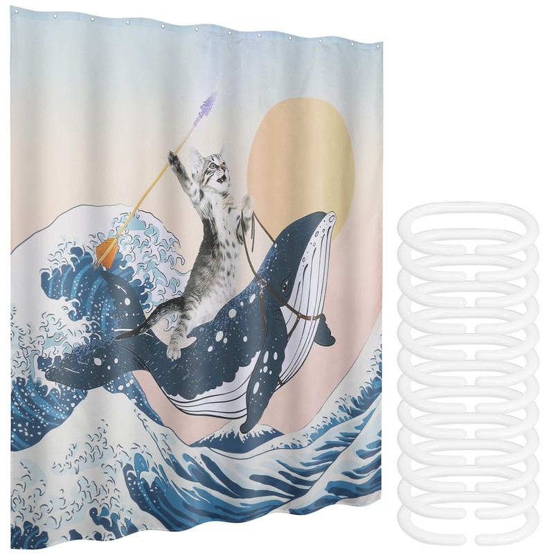 Funny Cat Shower Curtain, Cat Bathroom Curtain Cute Bathing Cat