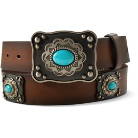 ARIAT Western Womens Belt Leather Square Conchos Turquoise Stones Brown A1567602