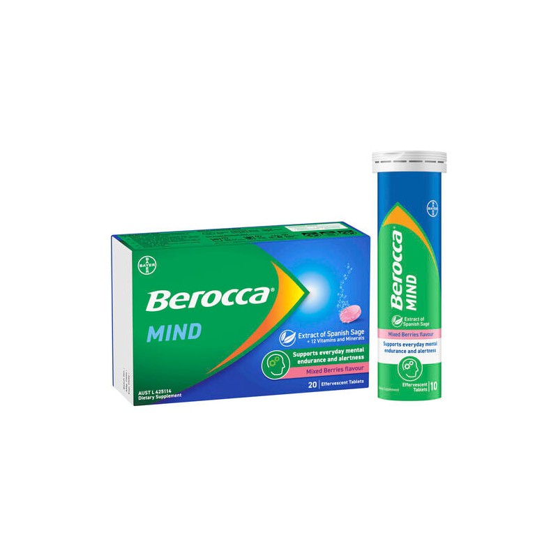 Berocca Mind Mixed Berries Effervescent Tablets, Vitamin B & C,