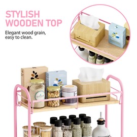 KINGRACK Metal Slim Rolling Cart,4-Tier Metal Utility Cart,Storage Cart with Wooden Tabletop, for Narrow Space on Laundry Bathroom Kitchen Room Bedroom Apartments Dormitory (Pure Pink, Slim)