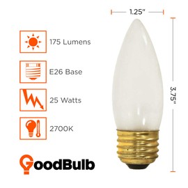 GoodBulb 25-Watt Incandescent Torpedo Light Bulbs | B10 Frosted Finish Medium E26 Base 2700K Warm White Color | Dimmable | 175 Lumens | Pack of 12 Bulbs