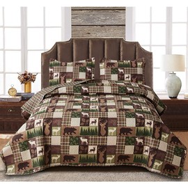 Oliven Reversible Lodge Plaid Bedding Moose Bear Quilt King Size Rustic Bedspread Cabin Coverlet Wildlife Forest Daybed Cover Summer Lightweight Bed Cover Pillow Shams
