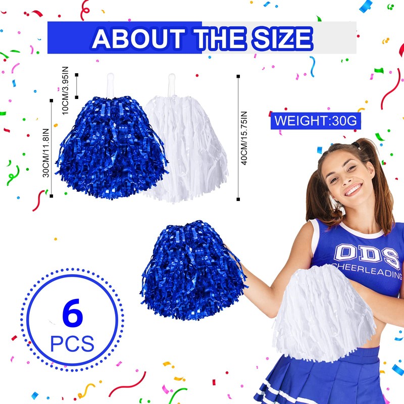 cssopenss 6 Pcs Pom Poms Cheerleading Metal Foil Blue Cheer