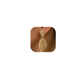ZENCHEER Teardrop Clip On Earrings for Women, Chunky Statement Geometric Textured Earring Clips Hammered Gold Plated Dangle Drop Earrings Jewelry Gifts