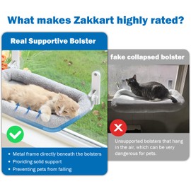 Zakkart Foldable Cat Hammock for Window - Cordless, Embeded Machine Washable Bed, Robust Metal Frame - Cat Window Perch for Large Cats and Kittens (Gray Bolster Bed, Large)