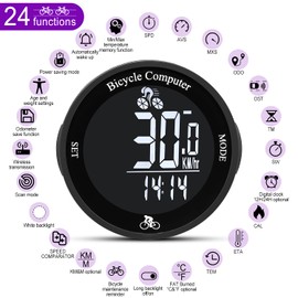 Lurowo Bike Computer Wireless, 24 Function IPX67 Waterproof Bike Speedometer with LCD Backlight Display, Bicycle Odometer with Automatic Wake-up for Cycling (B)