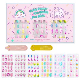 144Pcs Kids Press on Nails Children Girls Press on Short Artificial Fake Nails No fading Stable Quick Stick on Cute Pre Glue Full Cover Acrylic Nail Tip Kit Gift Kids Nail Decoration (Unicorn)