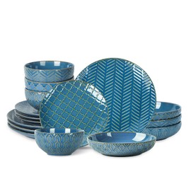Sureasy Dinnerware Sets 16-Piece, Ceramic Plates and Bowls Set, Kitchen Dishes Set for 4 for Housewarming Wedding, Service for 4 (Dinner Plates, Salad Dish, Pasta Bowls and Cereal Bowls), Blue