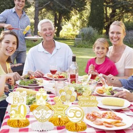 Jiusely Golden Wedding Anniversary Table Decorations 9Pcs, Romantic Honeycomb Table Topper，Golden Wedding Anniversary Table Decorations，Cheers to 50th Wedding Anniversary Honeycomb Table Topper