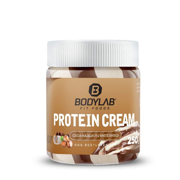 Bodylab24 Protein Cream Cocoa Hazelnut & White Swirls 250 g / Spread with 21 g Protein 100 g / Cocoa Hazelnut Cream with Stripes of White Chocolate / with Real Hazelnuts / Without Palm Oil