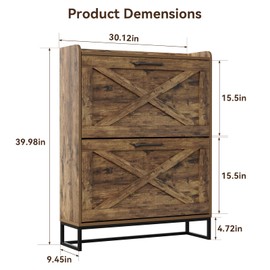 Captain Winters Shoe Cabinet with 2 Flip Drawers On Clearance, Freestanding Shoe Organizer with Metal Legs, Narrow Storage Cabinet, Farmhouse Slim Shoe Storage Cabinet for Entryway, Rustic Brown