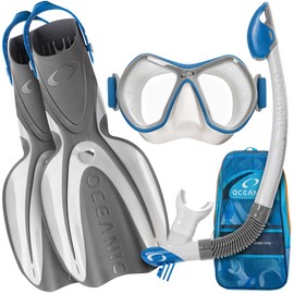OCEANIC Snorkel Set – Snorkeling Gear, Panoramic Wide View, Tempered Glass Scuba Diving Mask, Snorkel, Fins & Mesh Gear Bag