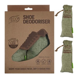 Eco Basics Shoe Deodoriser Twin Pack – 18x6x4 cm. Bamboo charcoal absorbs moisture, bacteria, and odours. Reusable by sun exposure. Lasts 1 year; eco-friendly compostable charcoal for garden use.
