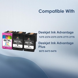 667XL Ink Cartridge Black and Color Value Pack Replacement for HP 667XL 667 XL Ink Cartridges Work for HP DeskJet 1275 2374 2375 2376 2775 2776 6075 6475 6476 Printers (2 Black, 1 Tri-Color)