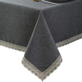 EHouseHome Faux Linen Tablecloth with Lace Trim - Waterproof/Spill Proof/Stain Resistant/Wrinkle Free/Oil Proof - for Banquet, Parties, Dinner,Kitchen,Wedding,Coffee,Holiday,Grey Rectangle 60x102Inch