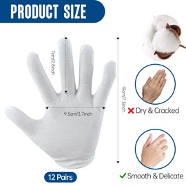 12 Pairs 100% Cotton Gloves, White Cotton Moisturizing Gloves, Resuable White Works Glove, Jewelry Silver Inspection Gloves, Soft Handling Gloves for Formal Banquets Magicians Parades