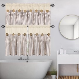 Cotton Linen Farmhouse Kitchen Curtains 24 Inch Boho Rustic Button Tier Curtains Natural and Brown Stripe Color Block Curtain Rod Pocket Small Window Curtain for Cafe Bathroom Bedroom Drapes