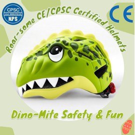 KINGBIKE Toddler Kids Bike Helmet 5-8 Years 3D Dinosaur Design with Roller-Skating Pads and Rechargeable Led Light and Multi-Sport for Skateboard Scooter Skaterolling 48-52cm (Lime Green+Pads)