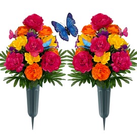 HENOMO Silk Cemetery Flower with Vase for Grave | Set of 2 Artificial Memorial Bouquets for Tombstone | Non Bleed Color | Graveside Decorations Outdoor