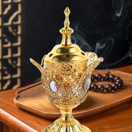 Electric Incense Burner Metal Bakhoor Burner Middle Eastern Style Tabletop Electric Censer for Home Office Yoga Spa Aromatherapy Decor (Gold)