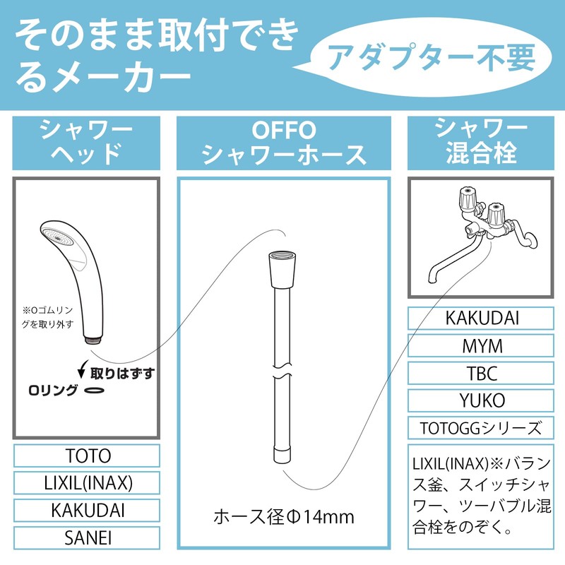 OFFO Shower Hose, Soft, w/ Adapter, Low Odor, Pressure-Resistant, Leak-Proof,