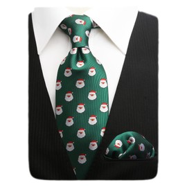 TaecMin Christmas Tie Mens Green Santa Claus Ties and Pocket Square Set Funny Vacation Necktie for Men with Handkerchief