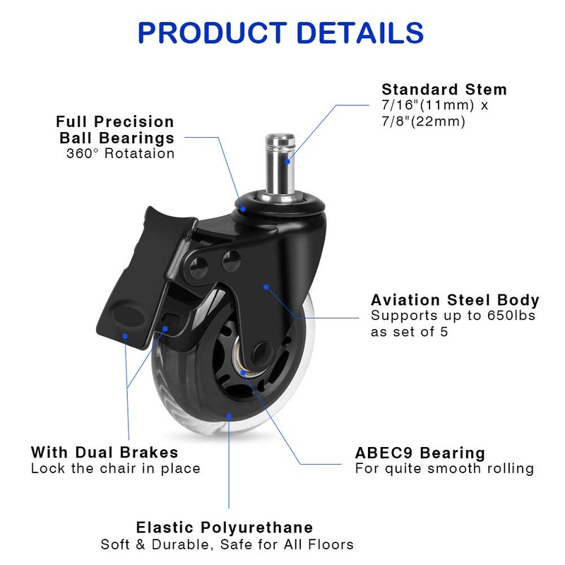 Hirate 3" Chair Casters Heavy Duty Lockable Swivel Caster Replacement