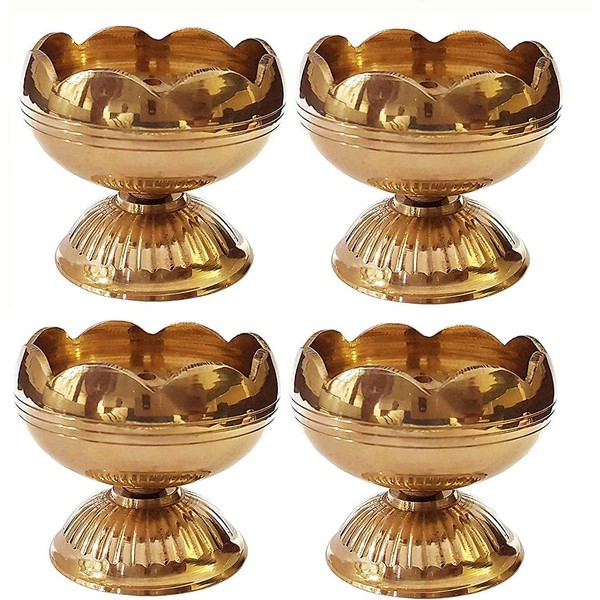 SATVIK 4 Pc Brass Diya for Diwali Decoration. Handmade Golden Virgin Brass Metal Oil Lamp Dia Vilakku for Puja Pooja. Traditional Indian Deepawali Housewarming Return Gift Items Bulk New Home House