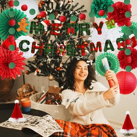 Christmas Party Decorations Snowflake Paper Fans Red Green White Paper Pom Poms Honeycomb Balls Paper Lantern Merry Christmas Banner for Christmas Xmas New Year Eve Hanging Party Decor