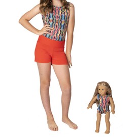 Delicate Illusions Girl Leotard Stretch Shorts Matching 18 Inch Doll Gymnastics Outfit Apparel M (6-7 yrs) Retro Hippy/Orange