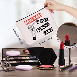 WCGXKO Bowling Gift Crazy Bowling Lady Bowler Zipper Pouch Makeup Bag for Women (B-Bowling Lady), beige