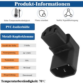 MejaRizon IEC Plug C14 to C13 Female 3 Pin 250 V 10 A Angled C13 to C14 Plug for PDU, UPS, Computer and HDTV Pack of 2