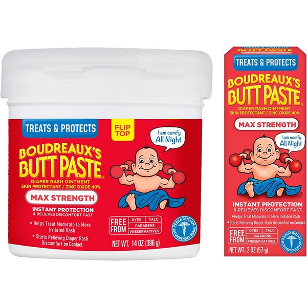 Boudreaux's Butt Paste Maximum Strength Diaper Rash Cream, Ointment for Baby, 2 oz Tube & 14 oz Jar