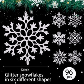 Sratte Large Glitter Snowflakes Ornaments 12" Plastic Giant Winter Christmas Hanging Decor Oversized Snowflakes Ornaments for Indoor Outdoor(White,96 Pack)