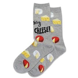 Hot Sox Women's Fun Food & Drink Crew Socks-1 Pair Pack-Cool & Cute Pop Culture Novelty Gifts, Say Cheese (Gray Heather), 4-10