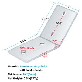eoere 2-Pack Aluminum 135 Degree Angle Bracket, Heavy Duty Corner Brace for Greenhouse/Hoop House Reinforcement, 3" x 3-3/4", 1/4" Thick
