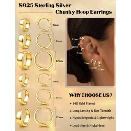 FANCH 6Pair Gold Ohrringe für Damen S925 Sterling Silber Post Chunky Creolen Silber 925 14K Vergoldet Hypoallergen Leichte Kleine Huggie Creolen Ohrringe Set für Mehrere Piercing Gold 7/10/12mm