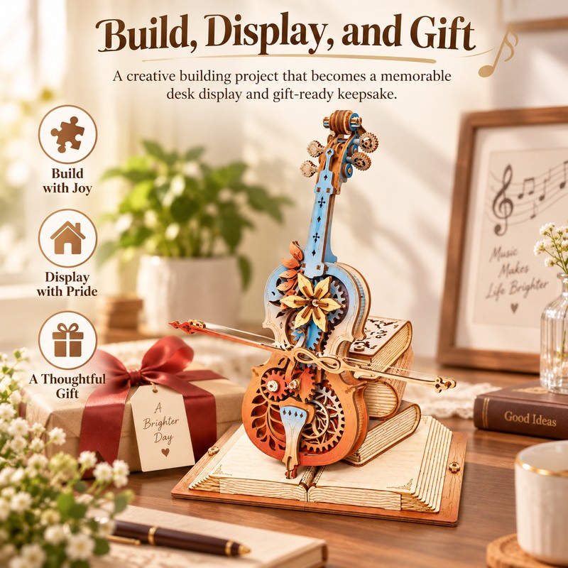 Wooden Cello 3D Puzzle Music Box for DIY Building –