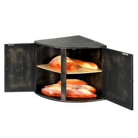 HOMEKOKO Double Layers Bamboo Corner Bread Box for Kitchen Counter, Vintage Wooden Large Capacity Bamboo Bread Food Storage Bin (Vintage Black)