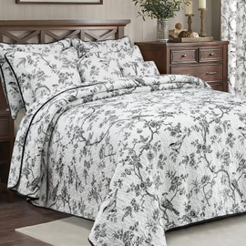 EVENHUG 100% Cotton Quilt Twin Size Black Bird Bedding Set Double Printing Lightweight Quilt Reversible Coverlet Bedspread with Pillow Shams All Seasons 3 Pieces (68"x86")