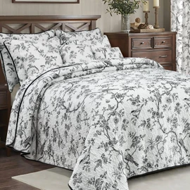 EVENHUG 100% Cotton Quilt Twin Size Black Bird Bedding Set Double Printing Lightweight Quilt Reversible Coverlet Bedspread with Pillow Shams All Seasons 3 Pieces (68"x86")