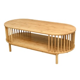 VaeFae Oval Coffee Table, Bamboo Coffee Table for Living Room, 2-Tier Farmhouse Center Table with Storage Shelf