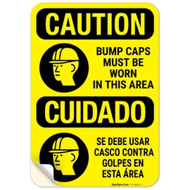Caution Bump Caps Must Be Worn Bilingual OSHA Sign, 10x7 Inches, 4 Mil Vinyl Decal Stickers Weather Resistant, Made in USA