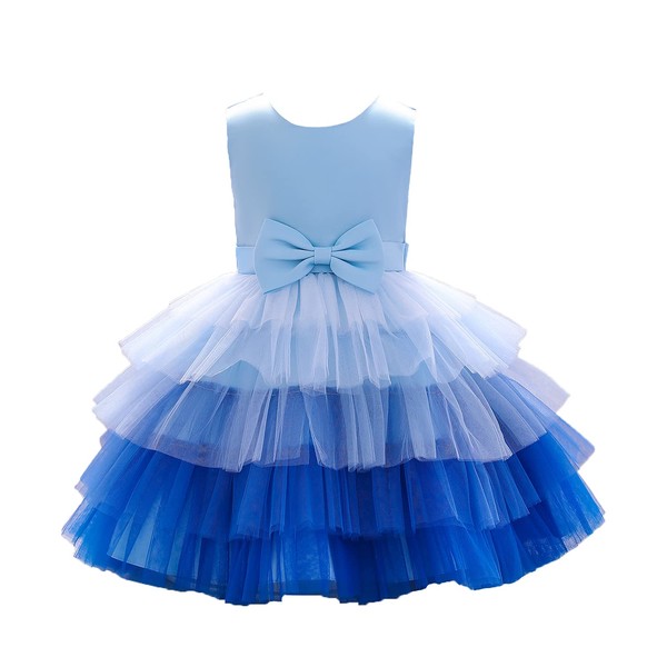 Vestido de encaje para niña con flores, tul sin mangas, lazo, princesa, fiesta, boda, concurso, dama de honor (0-6T), Azul, 6-12 Meses