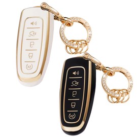 2Pcs Key Fob Cover with Metal Keychain, Soft TPU Protection Case Shell Compatible for Ford C-Max Edge Escape Expedition Explorer Flex Focus Taurus Lincoln MKS MKT MKX Navigator Accessories