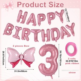 19pcs Bow Happy Birthday Number Balloons Set, Aluminum Foil Pink Jumbo Bow Letter Balloons Banner for Girl Birthday Party Princess Coquette Party Decoration Supply (Number 3)