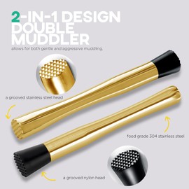 Homestia 4PCS Double-headed Muddler Set, 10 Inch 304 Stainless Steel Cocktail Muddler for Mojito and Fruit Drinks, Home Bar Tool Set of Bar Spoon Swizzle Stick Cocktail Pick Gold