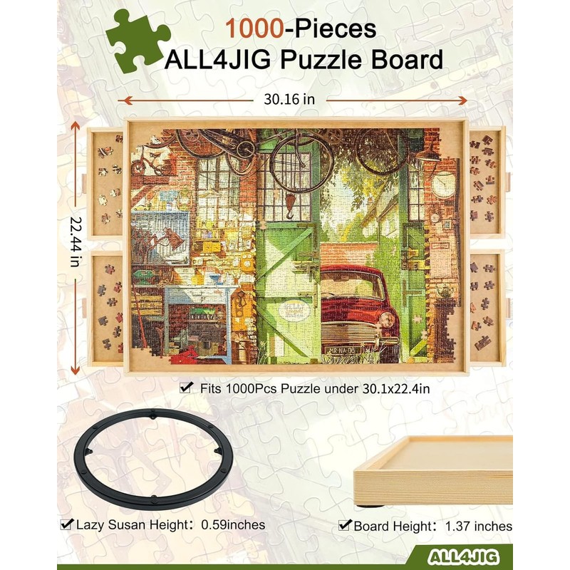 ALL4JIG 1000 Piece Rotating Puzzle Board with Drawers 22"x30"Portable Wooden