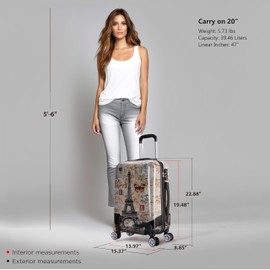 InUSA Paris Print Luggage with Spinner Wheels | Durable Lightweight Hardside Suitcase | Travel Bag with Handle and Trolley | 20 Inch Carry-On Spinner Luggage