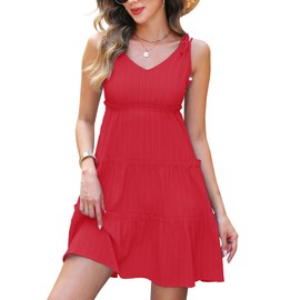 Women's Summer Tiered Sundress, V-Neck Sleeveless Ruffle Casual A-Line Beach Mini Dress with Shoulder Ties Red L